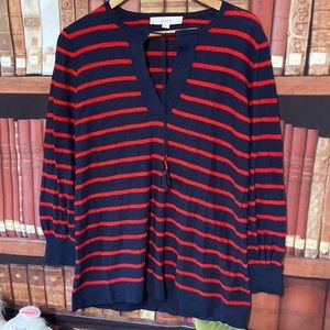 Loft Navy Blue‎ and Red Striped Sweater Tunic drawstring tassel V neck